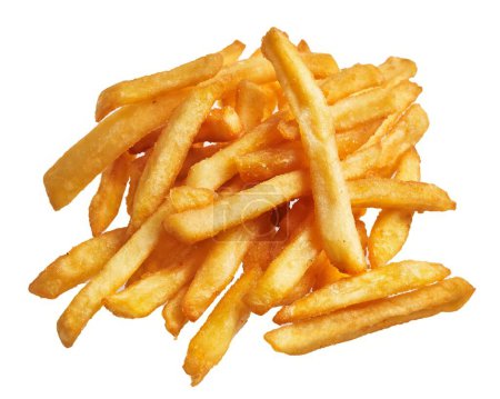 Photo for Golden french fries piled high, isolated on a white background, focus on fast-food indulgence. - Royalty Free Image