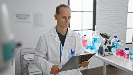 Photo for Middle age man, a dedicated scientist, engrossed in reading medical report with a serious expression at his research lab - Royalty Free Image