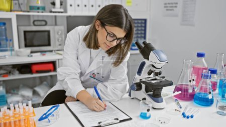 Photo for Young hispanic woman scientist taking notes in a laboratory filled with scientific equipment and colorful chemicals. - Royalty Free Image