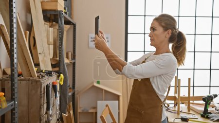 Foto de Mujer rubia toma una selfie en un taller de carpintería brillante rodeado de madera y herramientas. - Imagen libre de derechos