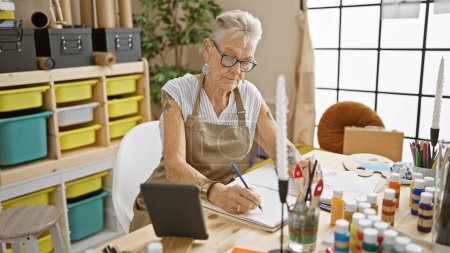 Téléchargez les photos : Artiste chevelue dessinant magistralement sur pavé tactile à son atelier d'art confortable, une femme âgée animée immergée dans son passe-temps créatif - en image libre de droit