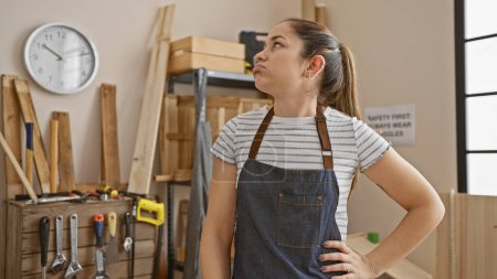 Photo for Young woman with long hair in workshop wearing apron, surrounded by carpentry tools. - Royalty Free Image