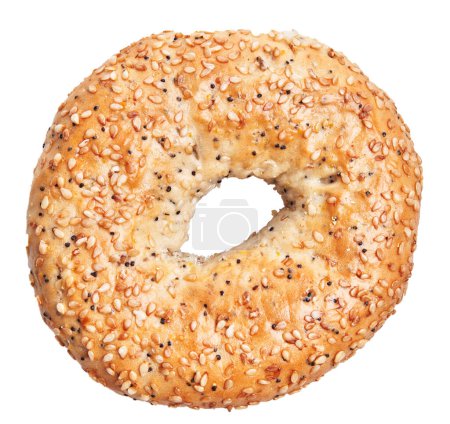 Photo for Close-up of a single sesame-seeded bagel isolated on a white background, ideal for food and bakery themes. - Royalty Free Image