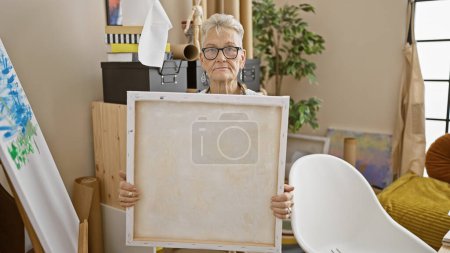 Photo for Confident and happy, mature grey-haired senior woman artist, holding a paintbrush, sits in the heart of her art studio, engrossed in a passionate draw on canvas. - Royalty Free Image