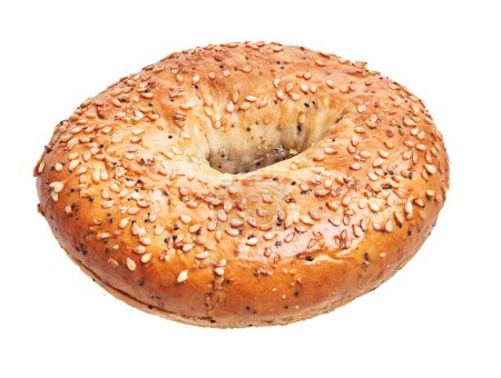 Photo for Close-up of a freshly baked sesame bagel isolated on a white background, perfect for a breakfast or snack theme. - Royalty Free Image