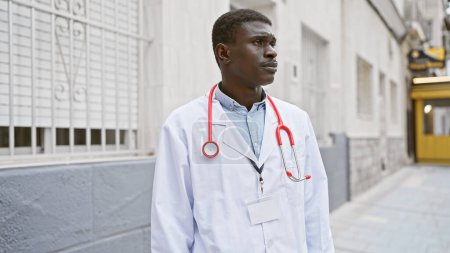 Photo for African american male doctor standing thoughtfully in an urban street setting, portraying professionalism and healthcare. - Royalty Free Image