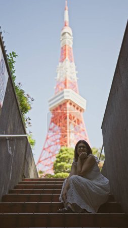 Téléchargez les photos : Belle femme hispanique dans des lunettes perchées sur les escaliers, un portrait de la modernité urbaine à l'endroit célèbre tour de tokyo - en image libre de droit