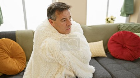Téléchargez les photos : Homme d'âge moyen enveloppé dans une couverture assise pensivement dans une chambre confortable - en image libre de droit