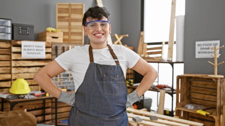 Foto de Un hombre sonriente con gafas de seguridad y delantal se levanta con confianza en un taller de carpintería bien organizado. - Imagen libre de derechos