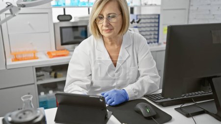 Téléchargez les photos : Une femme scientifique d'âge moyen utilisant une tablette dans un cadre de laboratoire moderne. - en image libre de droit
