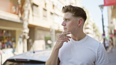 Cooler, gutaussehender junger kaukasischer Mann mit Bart, stand im Zweifel auf einer sonnigen Straße, tief in Gedanken und konzentrierte sich auf einen ernsthaften, aber entspannten urbanen Lebensstil.