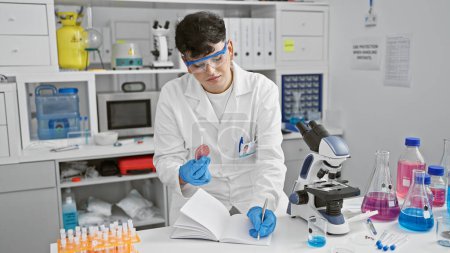 Foto de Un joven examina una placa de Petri en un laboratorio lleno de equipo científico, retratando un entorno médico o de investigación profesional. - Imagen libre de derechos