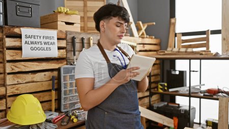 Foto de Un joven toma notas en una tableta en un taller de carpintería bien equipado con señalización de seguridad visible. - Imagen libre de derechos