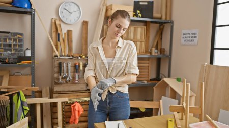 Téléchargez les photos : Femme blonde portant des gants dans un atelier de menuiserie avec bois, outils. - en image libre de droit