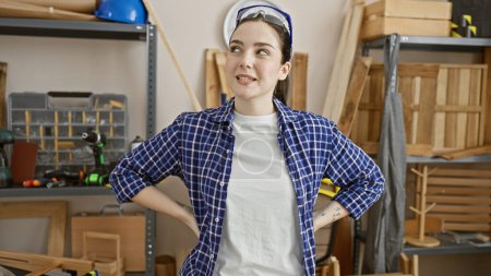 Téléchargez les photos : Une jeune femme confiante en chemise à carreaux se tient sur les hanches dans un atelier de menuiserie bien organisé, incarnant l'équilibre d'un menuisier professionnel. - en image libre de droit