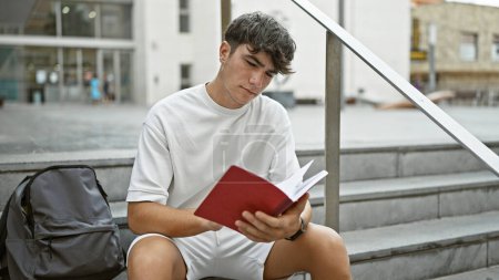 Photo for Cool young hispanic university student engrossed in reading a captivating book on the sunny city campus stairs, an embodiment of the relaxed yet serious college lifestyle. - Royalty Free Image