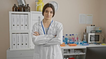 Photo for A confident young hispanic woman in a lab coat poses in a laboratory setting with arms crossed, evoking professionalism. - Royalty Free Image