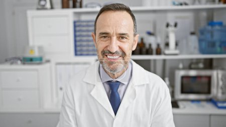 Téléchargez les photos : Homme d'âge moyen confiant aux cheveux gris, souriant joyeusement alors qu'il travaille au laboratoire, incarnant le scientifique heureux dans son élément. - en image libre de droit