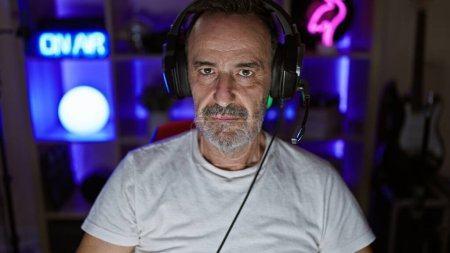 Photo for Serious-faced, middle-aged streamer with grey hair, immersed in a night gaming stream in his home-based gaming room, donning headphones while dominating the virtual world. - Royalty Free Image