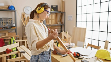 Foto de Una joven examina la madera en un taller de carpintería bien iluminado rodeado de herramientas y equipo de seguridad. - Imagen libre de derechos