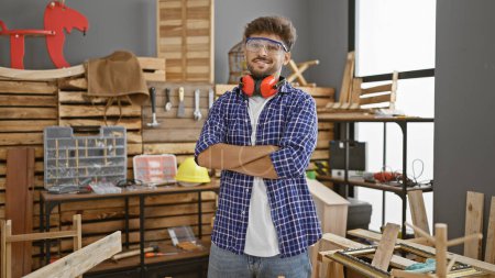 Photo for Smiling young arab man, a happy carpenter standing tall in his carpentry workshop, glasses wearing, arms crossed, exuding confidence and craftsmanship - Royalty Free Image