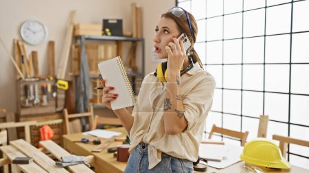 Foto de Una joven multitarea en un taller de carpintería, hablando por teléfono mientras sostiene un cuaderno. - Imagen libre de derechos