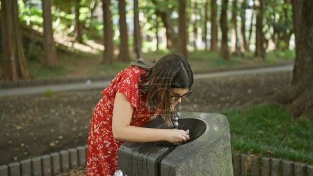 Photo for Gorgeous hispanic woman quenching thirst with refreshing drink from park fountain, her glasses glistening with summer's splash! beautiful outdoor portrait affirming healthy, hydrating choices. - Royalty Free Image