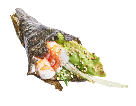 Photo for Single delicious prawn and avocado temaki sushi with sesame over isolated white background - Royalty Free Image