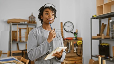 Photo for Thoughtful african american woman with dreadlocks wearing safety glasses in a carpentry workshop holding a tablet and pencil. - Royalty Free Image