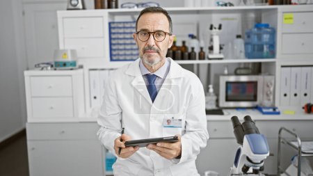 Photo for Middle age man with grey hair, a dedicated scientist, engrossed in his research on a touchpad at the heart of a busy lab - Royalty Free Image