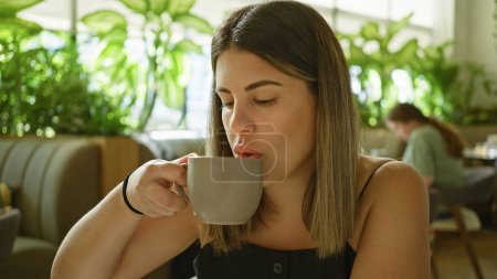 Foto de Una joven hispana adulta disfruta de una taza de café mientras está sentada en una mesa de restaurante con un hermoso interior. - Imagen libre de derechos