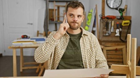 Foto de Hombre hispano guapo al teléfono en un taller de carpintería, rodeado de herramientas y proyectos de carpintería. - Imagen libre de derechos