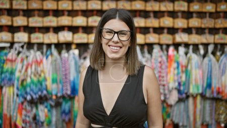 Photo for Cheerful brunette hispanic woman wearing glasses smiles by traditional japanese ema wooden boards at fushimi inari-taisha, celebrating good luck and fortune in the heart of kyoto, japan - Royalty Free Image