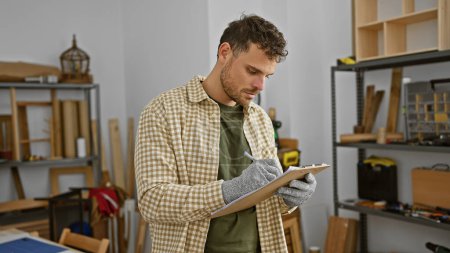 Photo for Handsome young man with beard taking notes at woodworking workshop - Royalty Free Image