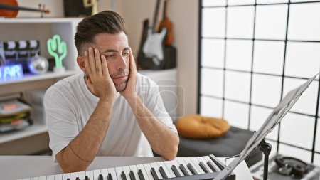 Photo for Anxious young hispanic pianist looks at music sheet in studio, fear seeping in during studio rehearsal. the struggles of a young, handsome musician - Royalty Free Image