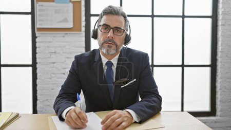 Foto de Un joven hispano serio de cabello gris, un ejecutivo atractivo, ocupado tomando notas y dominando el éxito durante una productiva reunión de video llamada en la oficina - Imagen libre de derechos