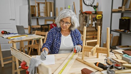 Photo for Mature woman measuring wood with tape in a cluttered carpentry workshop - Royalty Free Image