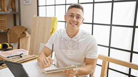 Téléchargez les photos : Un jeune hispanique avec des lunettes sourit dans un atelier de menuiserie bien éclairé tout en tenant un carnet. - en image libre de droit