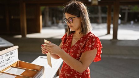 Téléchargez les photos : Le souhait de la femme hispanique, belle femme avec des lunettes stylos une prière sur papier au temple meiji de tokyo, embrassant la tradition japonaise. - en image libre de droit