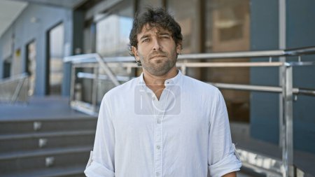Foto de Un hombre hispano guapo con barba y ojos verdes con una camisa blanca se para pensativamente en una calle de la ciudad. - Imagen libre de derechos