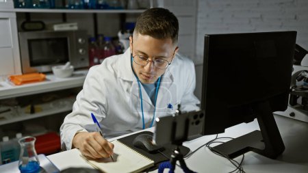 Foto de Un joven hispano con una bata de laboratorio se concentra en escribir notas en un moderno entorno de laboratorio. - Imagen libre de derechos