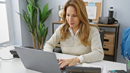 Photo for Hispanic businesswoman working on laptop in modern office setting, reflecting professionalism and focus - Royalty Free Image