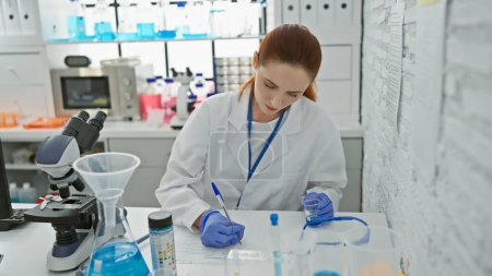 Photo for A young caucasian woman in a lab coat meticulously takes notes in a modern laboratory setting. - Royalty Free Image