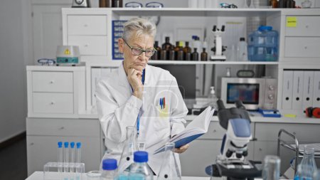 Photo for Deep in thought, a grey-haired senior woman scientist studying and reading an intriguing medical book at her laboratory. - Royalty Free Image