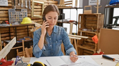 Photo for A focused woman multitasking in a carpentry workshop while on a phone call and writing notes. - Royalty Free Image