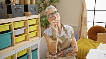 Photo for Intriguing scene at art school, elderly grey-haired woman artist pensively sitting at a table, doubting her next brush stroke in art class - Royalty Free Image
