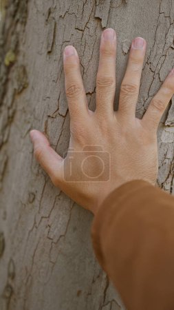 Téléchargez les photos : Une main d'homme avec des détails visibles de la texture de la peau touche doucement la surface rugueuse d'un tronc d'arbre dans un cadre naturel. - en image libre de droit