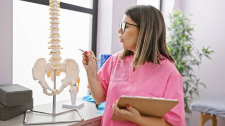Téléchargez les photos : Femme hispanique en gommage rose étudiant un modèle de colonne vertébrale dans une clinique médicale - en image libre de droit