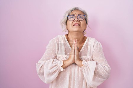 Foto de Mujer de mediana edad con el pelo gris de pie sobre fondo rosa mendigando y rezando con las manos junto con la expresión de esperanza en la cara muy emocional y preocupado. mendicidad. - Imagen libre de derechos