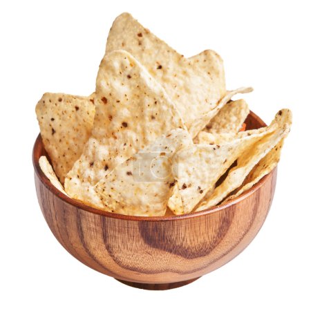Photo for Tasty tortilla chips in a wooden bowl isolated on a white background, perfect for food-related advertising. - Royalty Free Image